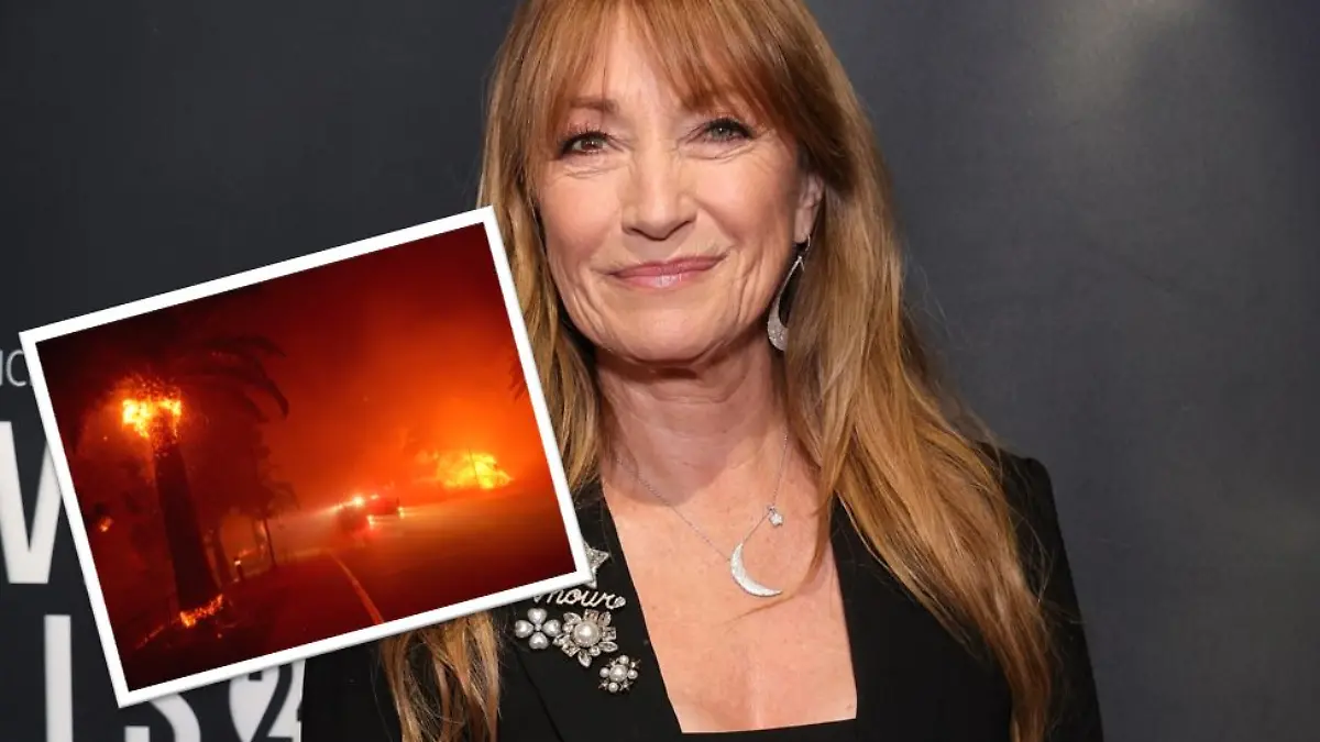 Collage Jane Seymour und Waldbrand-Aufnahme