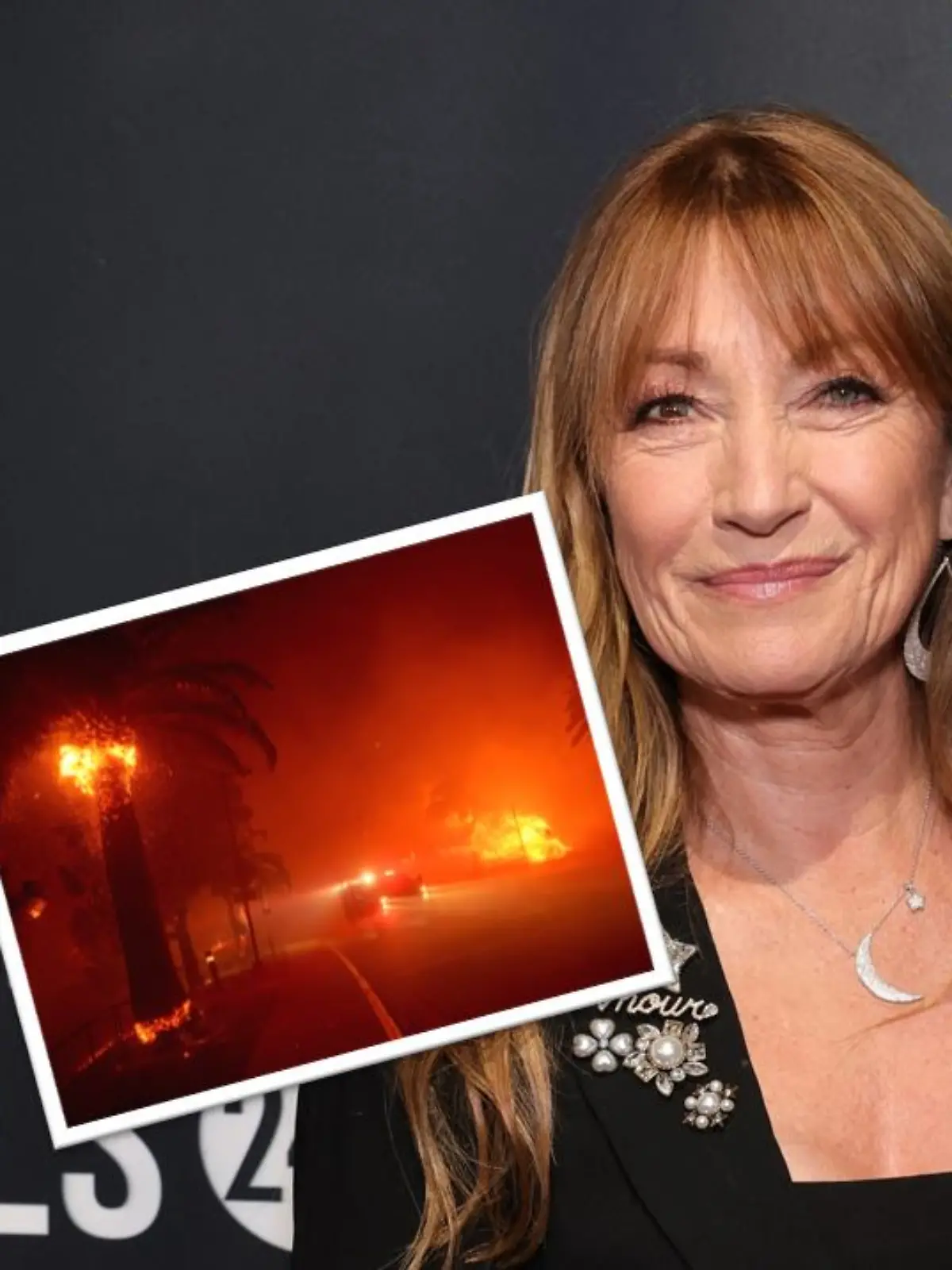 Collage Jane Seymour und Waldbrand-Aufnahme