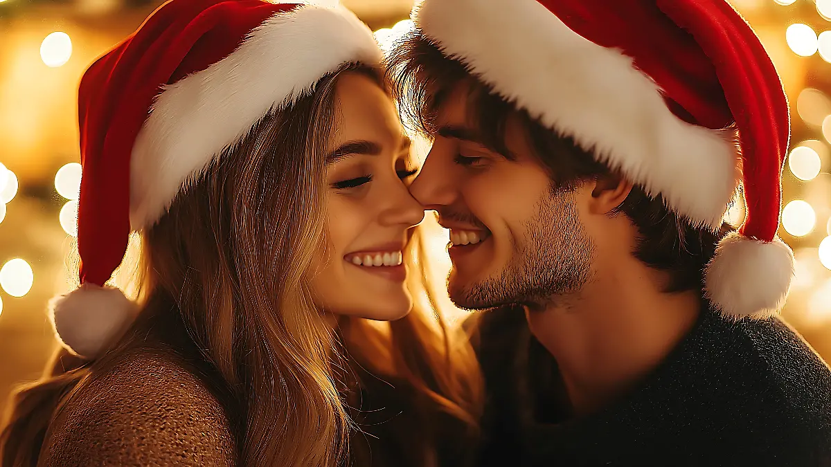 Paar kuschelt an Weihnachten