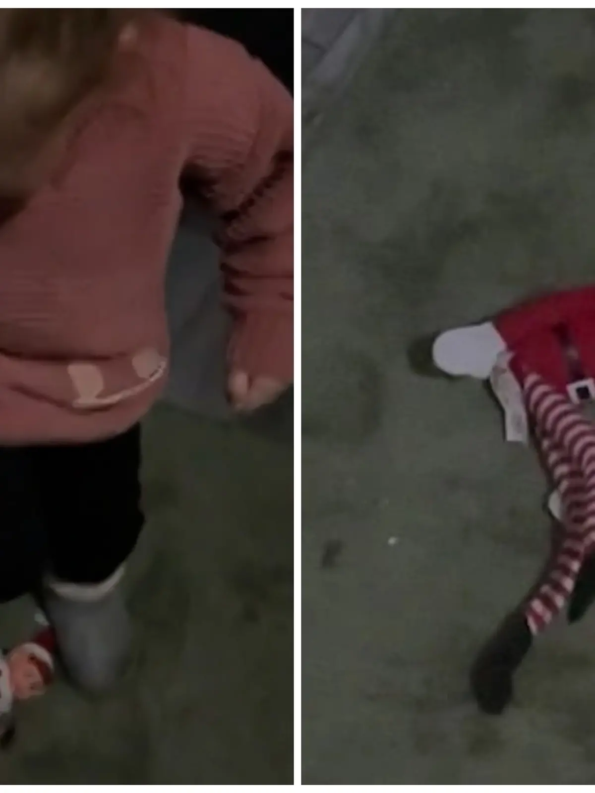 Fotokollage: Links tritt Rosie auf den am Boden liegenden Elf, rechts der am Boden liegende Elf