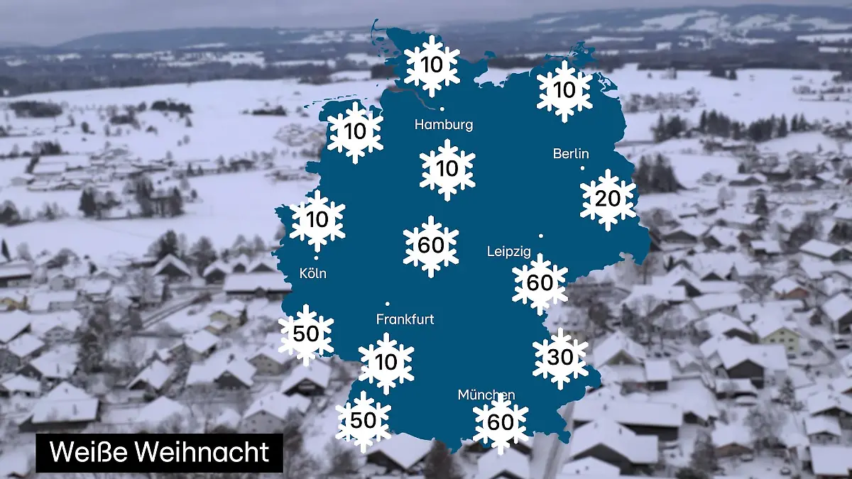 Die Grafik zeigt die Wahrscheinlichkeit für Schnee an Weihnachten nach Regionen.