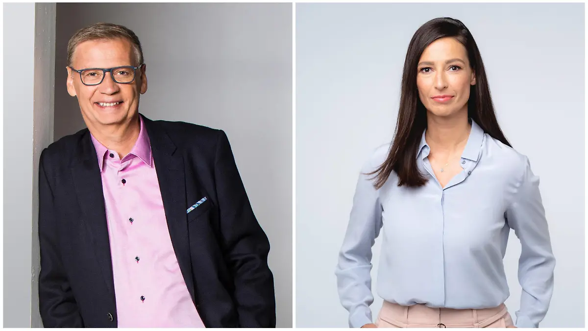 Günther Jauch und Pinar Atalay begrüßen Olaf Scholz und Friedrich Merz zum TV-Duell