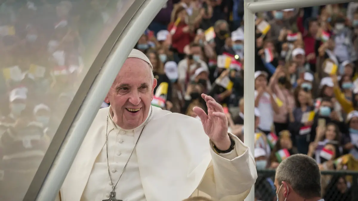 March 7, 2021: Erbil, Franso Hariri Stadium. Pope Francis celebrates the Holy Mass to the Iraqi Christians.. Pope Fencis arrives to the stadium.
