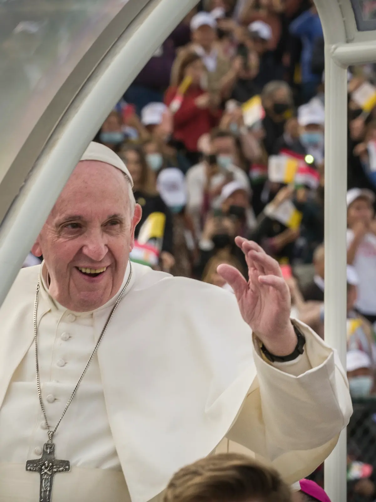 March 7, 2021: Erbil, Franso Hariri Stadium. Pope Francis celebrates the Holy Mass to the Iraqi Christians.. Pope Fencis arrives to the stadium.
