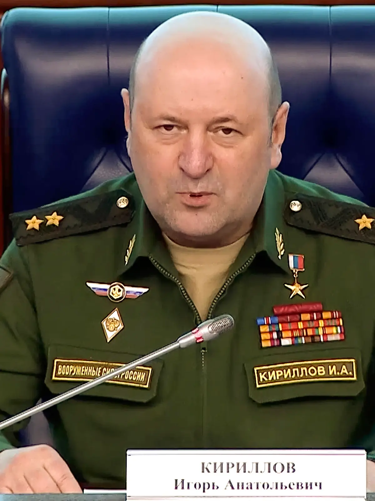 Der Leiter der Strahlen-, chemischen und biologischen Abwehrtruppen der russischen Streitkräfte, Generalleutnant Igor Kirillow, bei einem Statement 