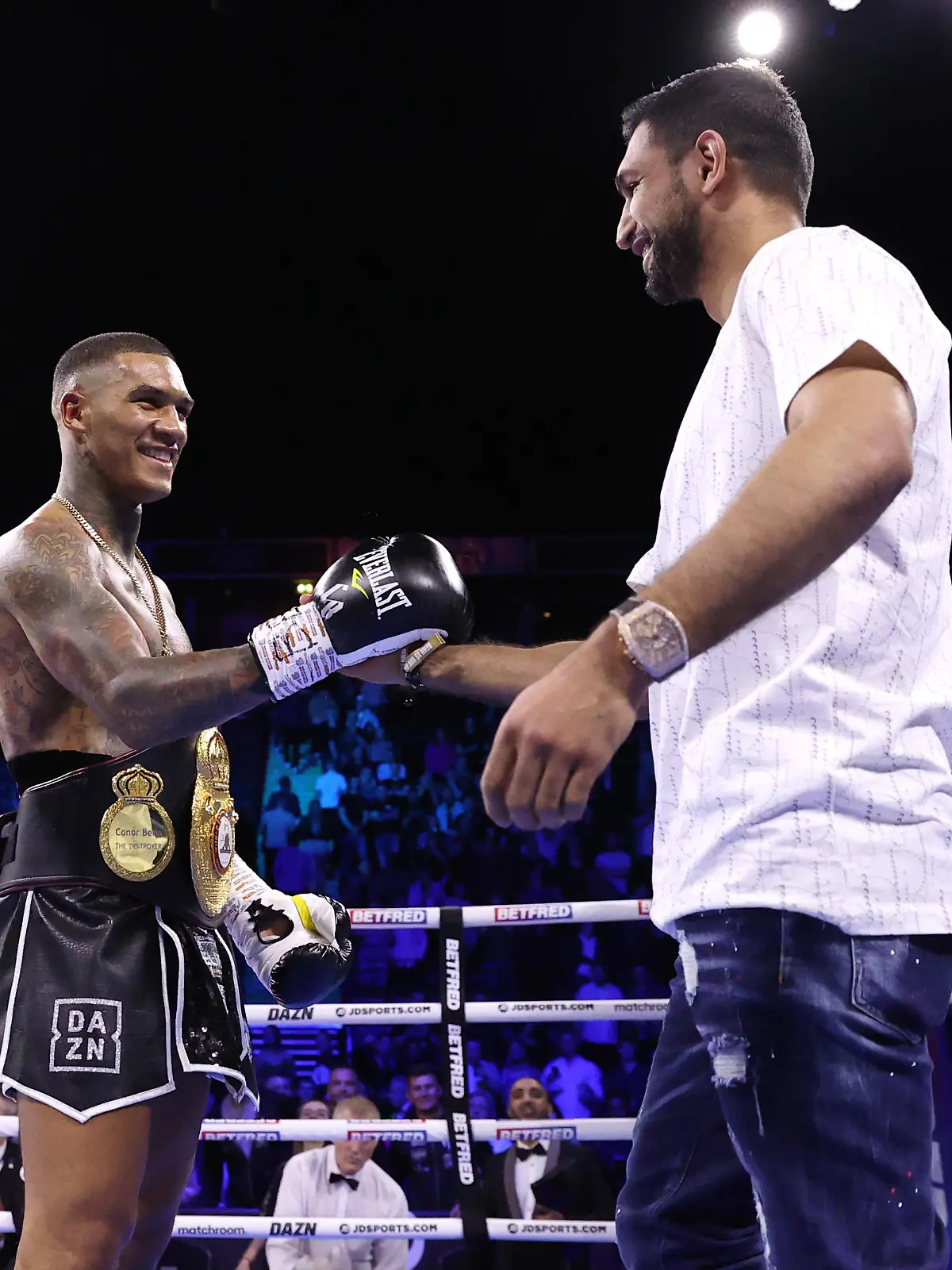 MANCHESTER, ENGLAND - APRIL 16: Conor Benn (L) is congratulated by boxer, Amir Khan following victory in the WBA Continental Welterweight Title fight between Conor Benn and Chris Van Heerden at AO Arena on April 16, 2022 in Manchester, England. (Photo by Alex Livesey/Getty Images)
