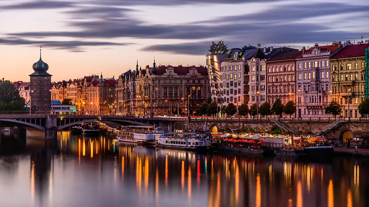 Prague's waterside by the Vltava river called Prazska naplavka in twilight.