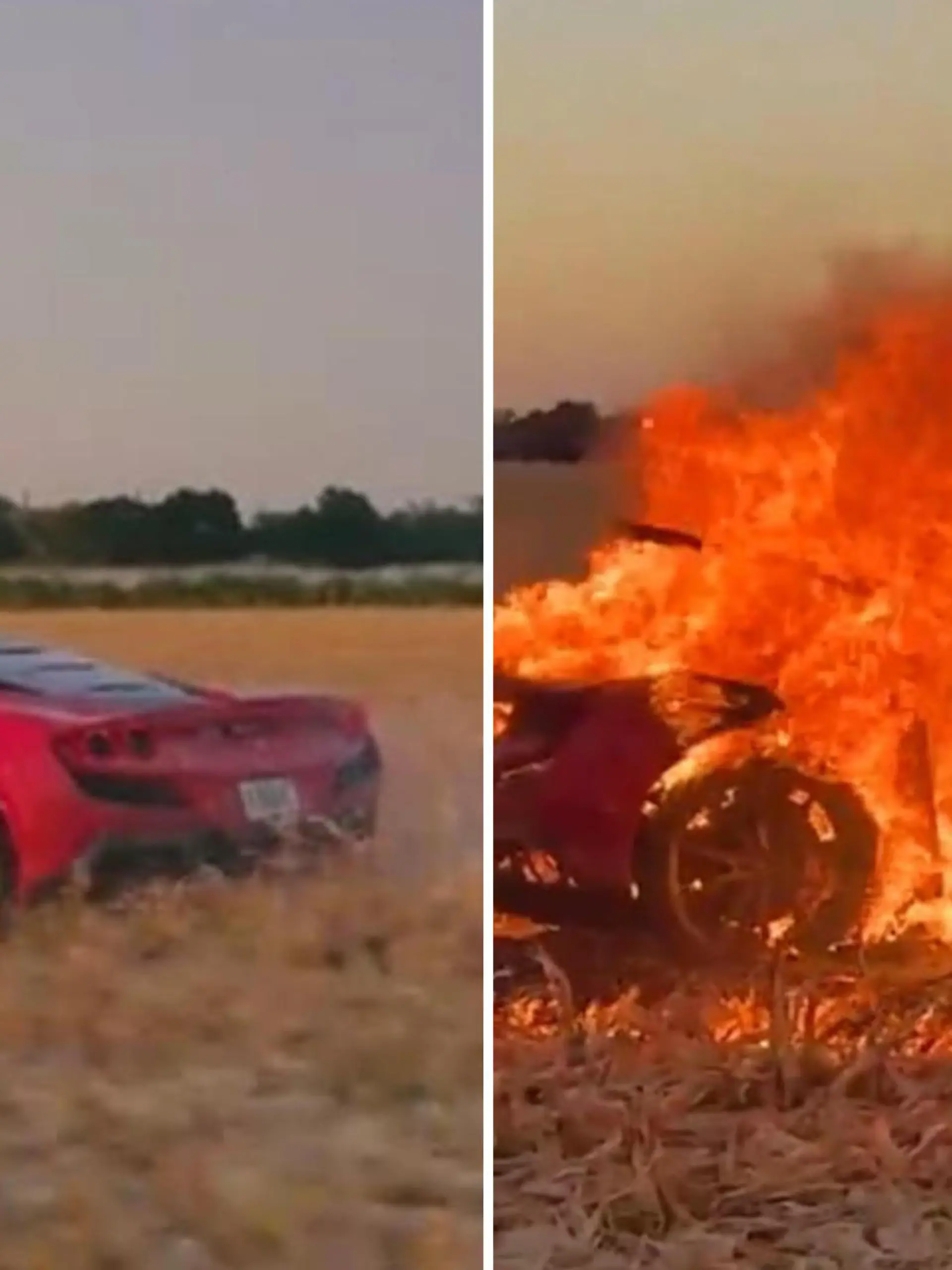 So schnell konnte der YouTuber Cody Detwiler gar nicht schauen, da stand sein Ferrari schon in lichterloh in Flammen. Eigentlich wollte er für seinen YouTube-Kanal auf einem Maisfeld Szenen abdrehen. Doch die Hitze, die auf dem Feld entstand, setzte den Ferrari in Flammen. Die Männer blieben unverletzt, doch der Wagen war nicht mehr zu retten.