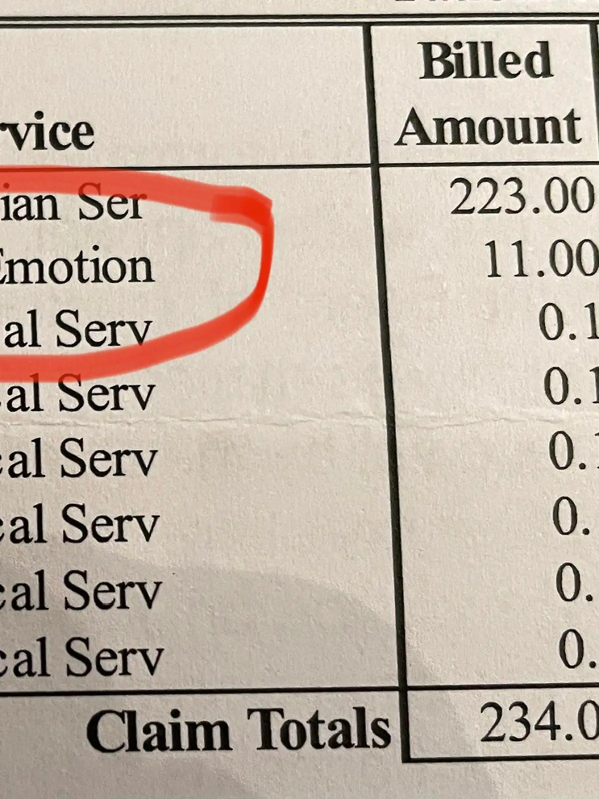 In der Rechnung steht die Spalte "Kurze Emptionen" für elf Dollar.