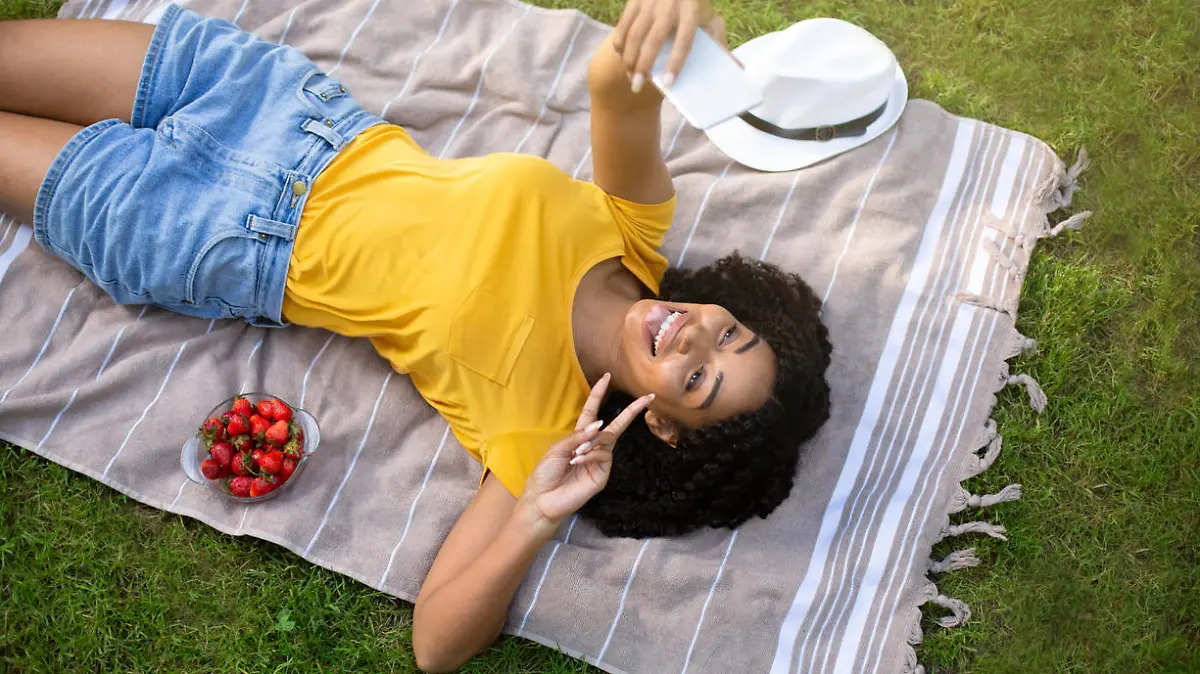 Beautiful black girl making silly face while taking selfie on blanket at park, top view