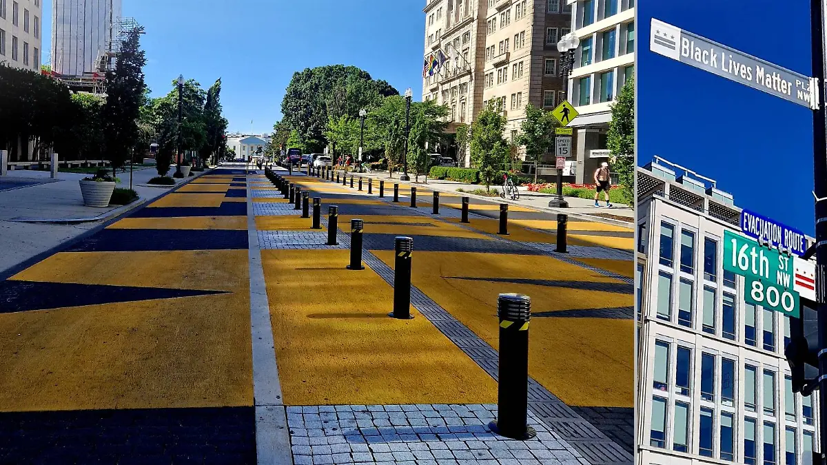 Die Black Lives Matter Plaza in der US-Hauptstadt Washington. Dort stehen die Worte „Black Lives Matter“ in 11 Meter großen, gelben Buchstaben auf dem Boden. 