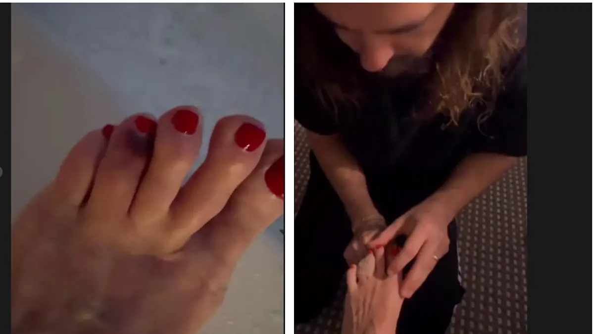 Heidi Klums Zeh ist ganz schön dick. Tom Kaulitz verarztet sie.