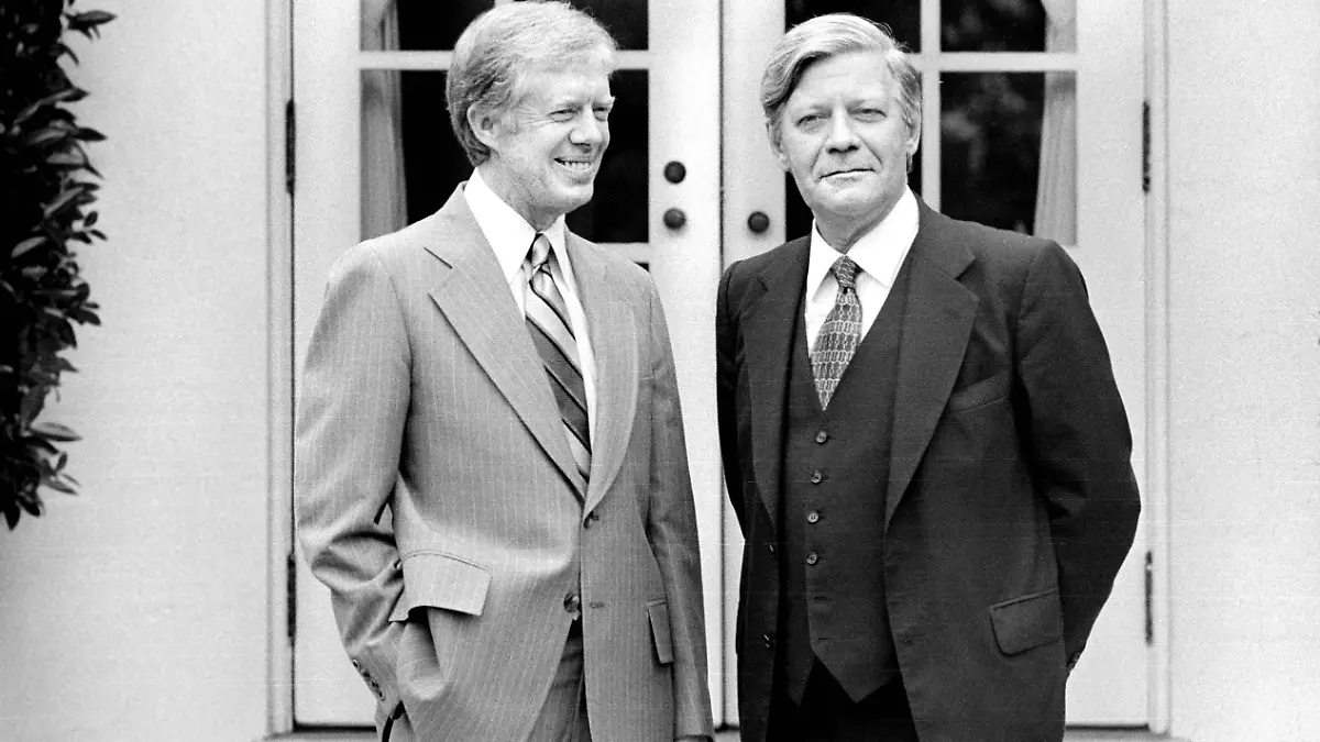 Jimmy Carter (damals 54) und der damalige deutsche Kanzler Helmut Schmidt (damals 60) am 6. Juni 1979 im Weißen Haus.