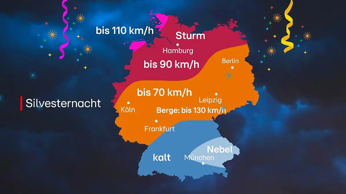 Die maximalen Böen in der Silvesternacht