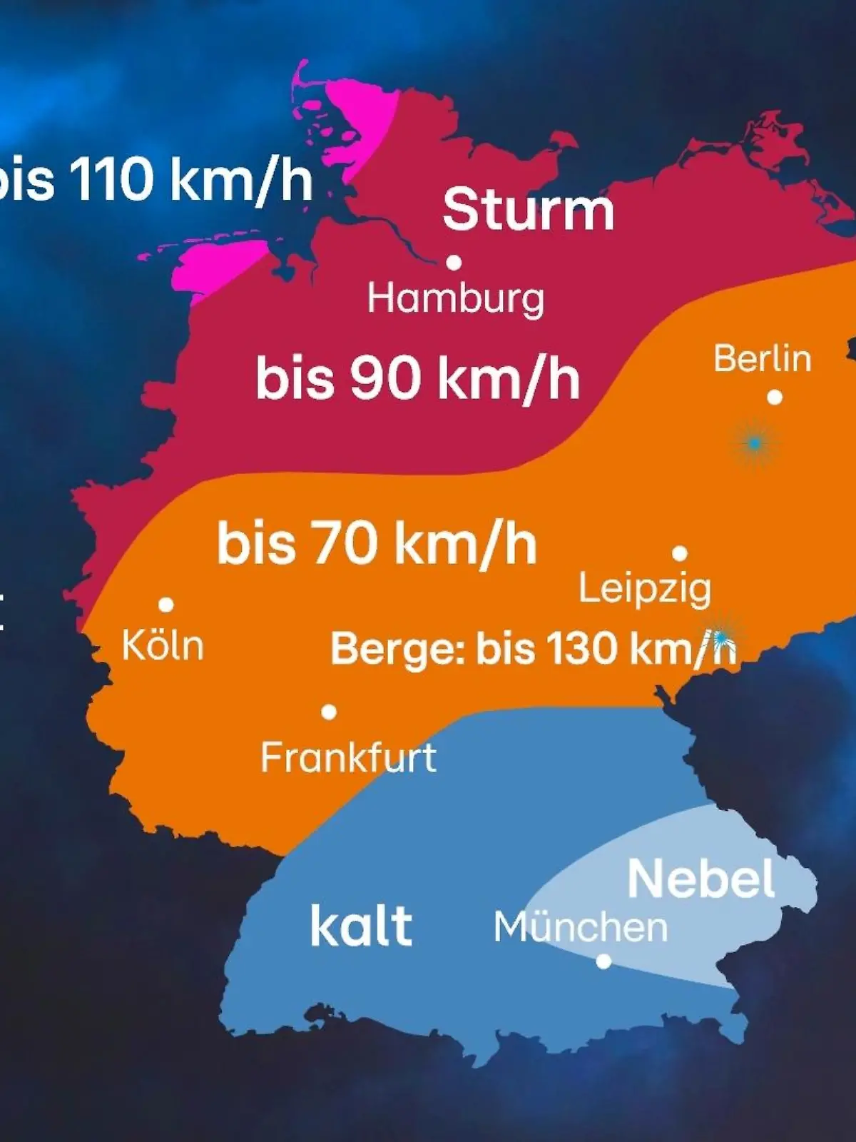 Die maximalen Böen in der Silvesternacht