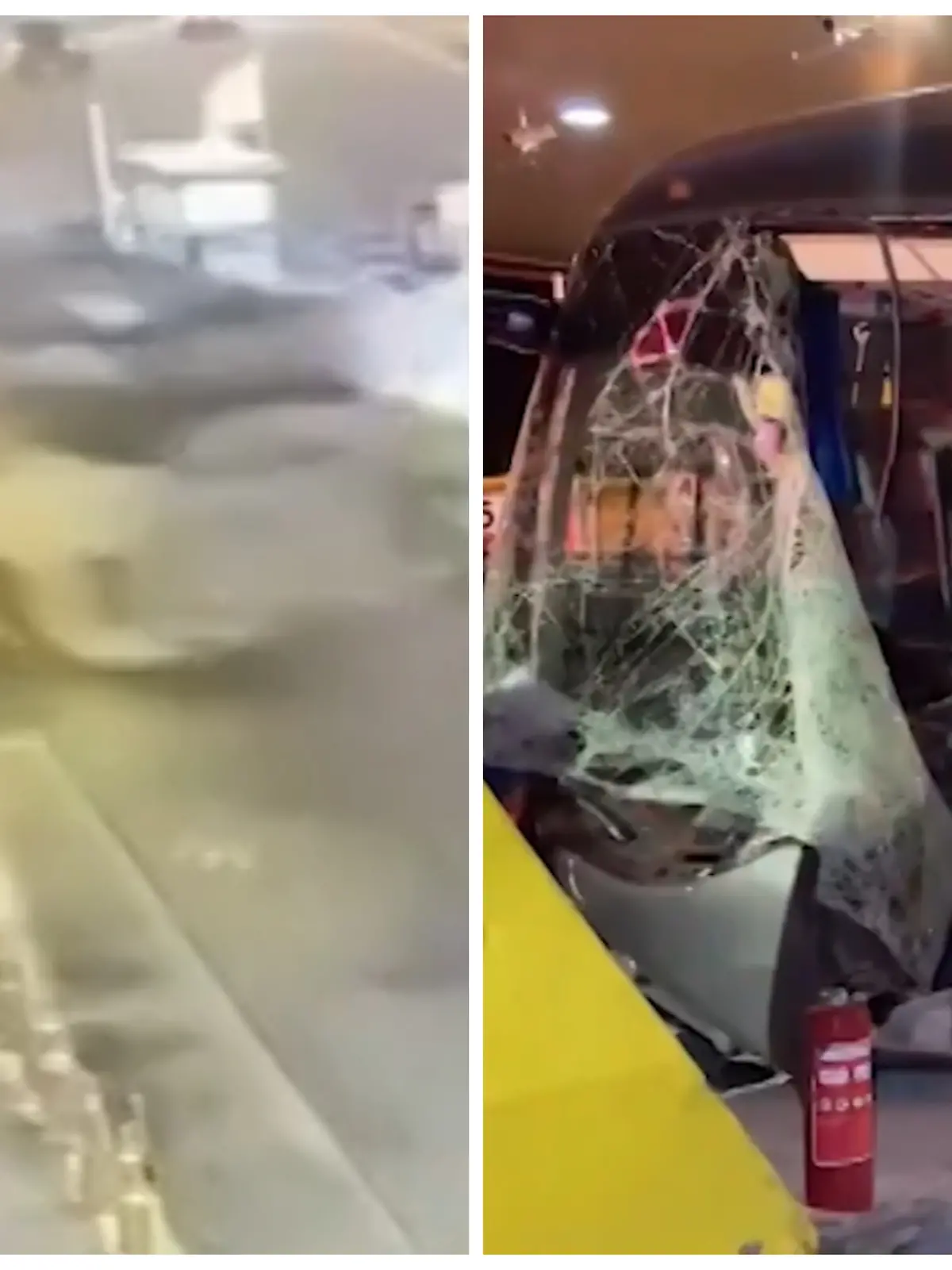 Fotokollage: Links der Bus in dem Moment des Aufpralls, rechts der beschädigte Bus danach