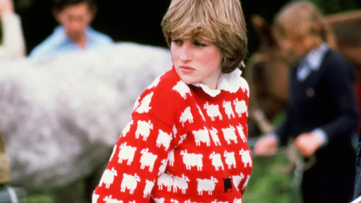 Diana, Princess of Wales (1961 - 1997) wearing 'Black sheep' wool jumper by Warm and Wonderful (Muir & Osborne) to Windsor Polo, June 1981. (Photo by Tim Graham Photo Library via Getty Images)