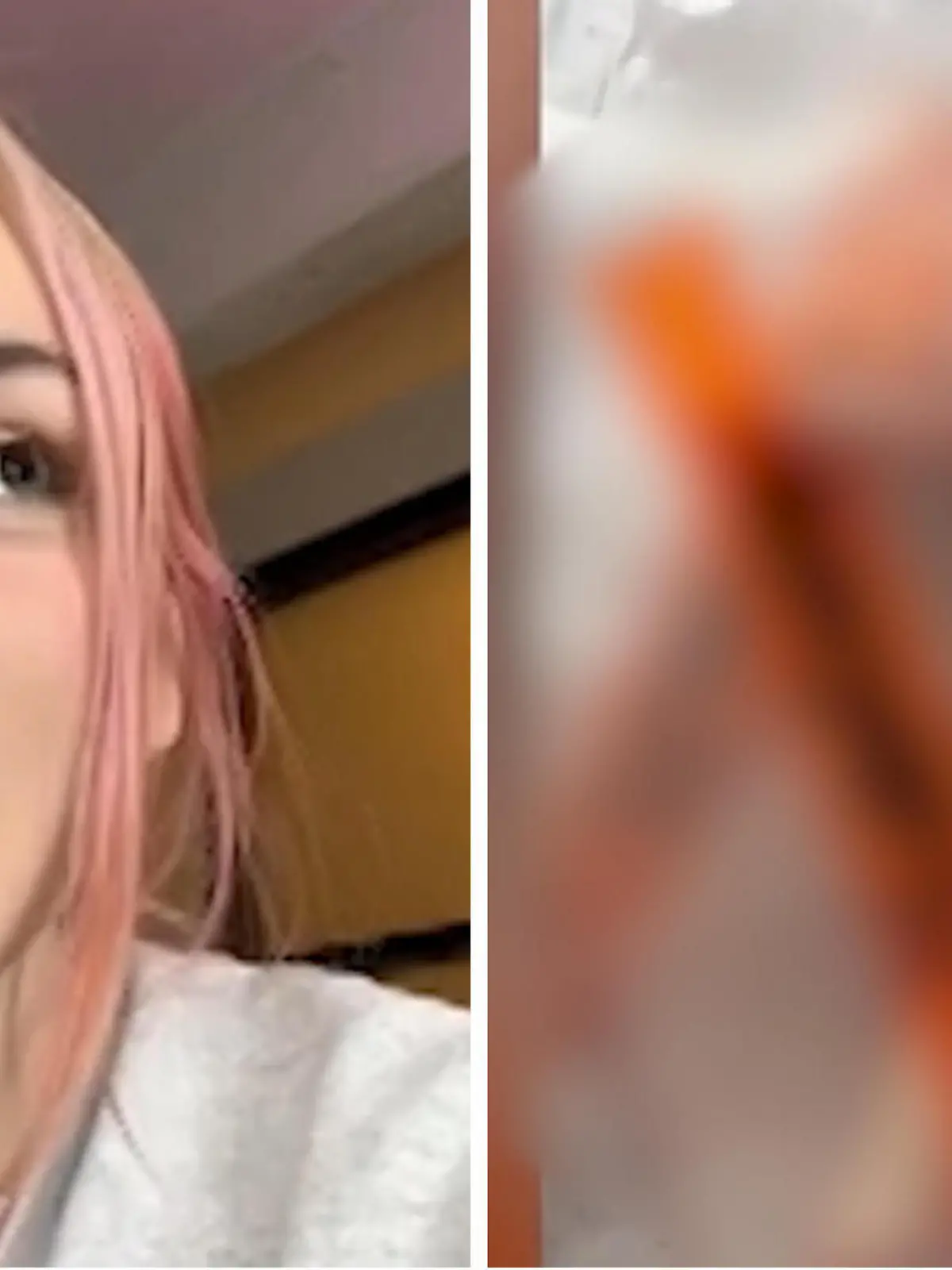 Fotokollage: Links Emily im Selfie-Modus, rechts ihre Rippen in einer Tüte (geblurrt)