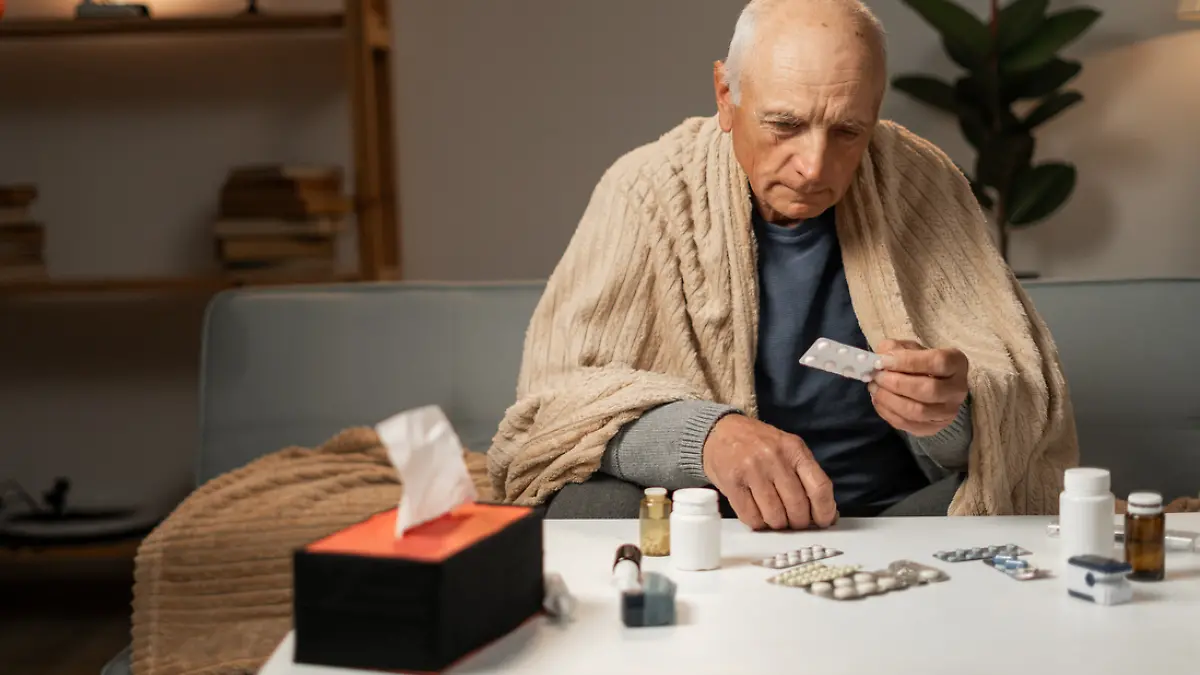 Ein kranker Mann sitzt auf dem Sofa und hält Tabletten in den Händen. 