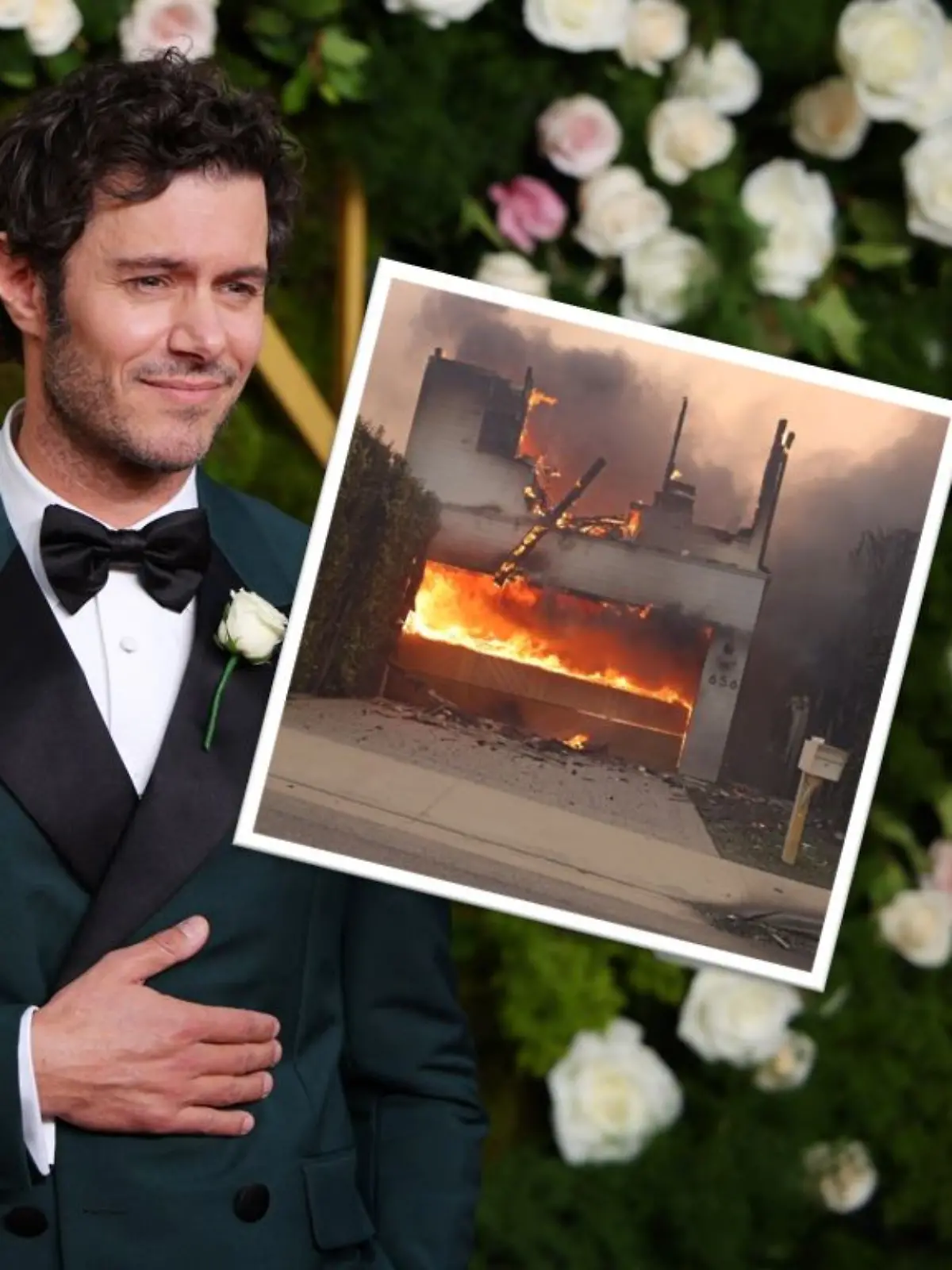 Collage von Adam Brody und seinem brennenden Haus. 