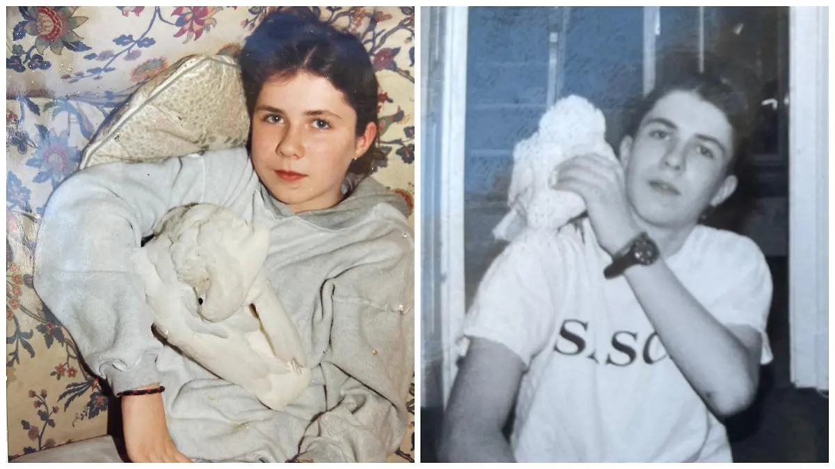Fotokollage: Links Christopher als Teenie mit Einstein im Schoß, rechts mit Einstein auf der Schulter