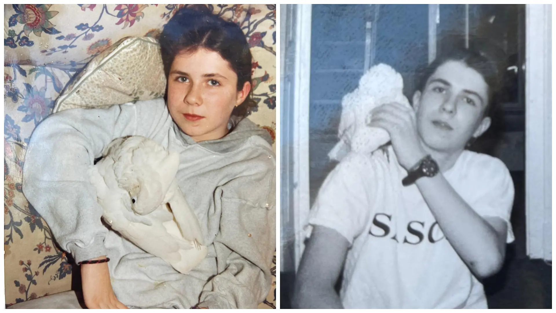 Fotokollage: Links Christopher als Teenie mit Einstein im Schoß, rechts mit Einstein auf der Schulter