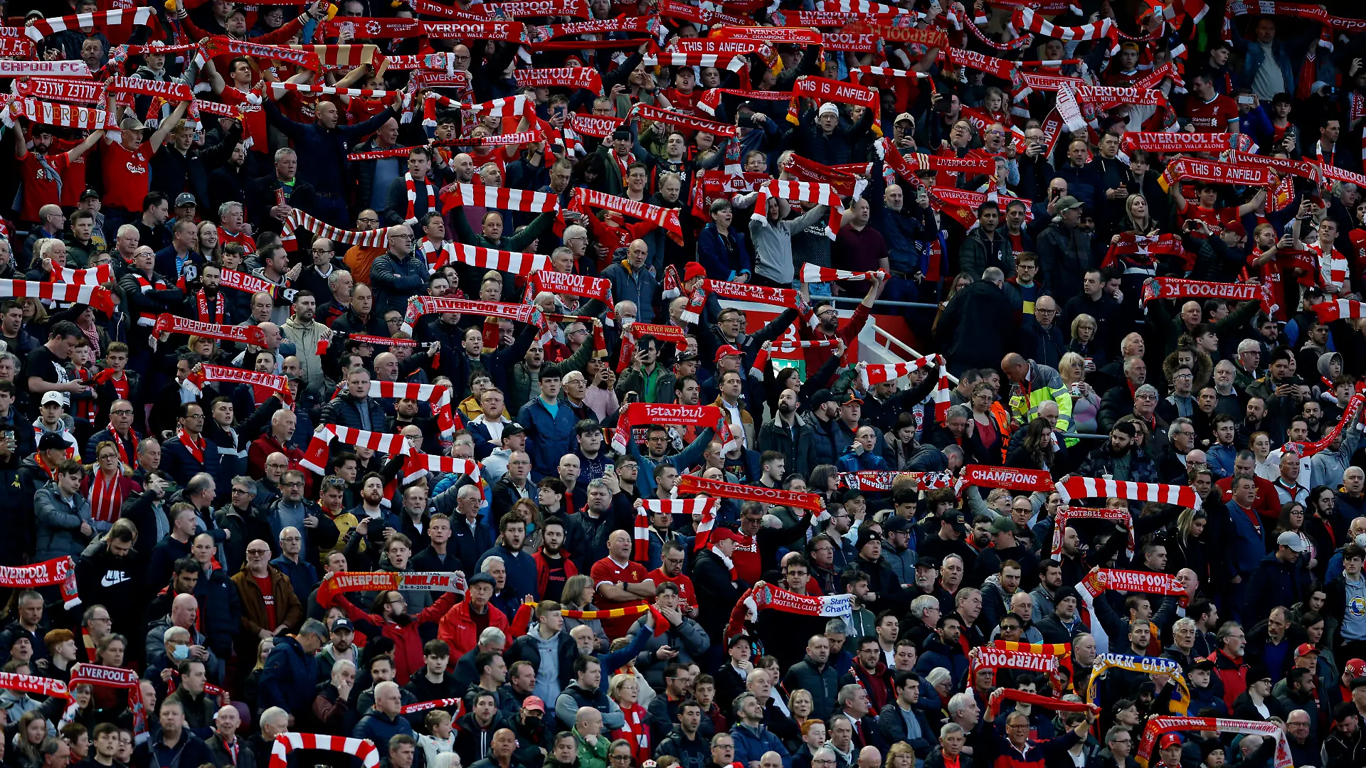 Soccer Football - Champions League - Quarter Final - Second Leg - Liverpool v Benfica - Anfield, Liverpool, Britain - April 13, 2022 Liverpool fans inside the stadium before the match Action Images via Reuters/Jason Cairnduff