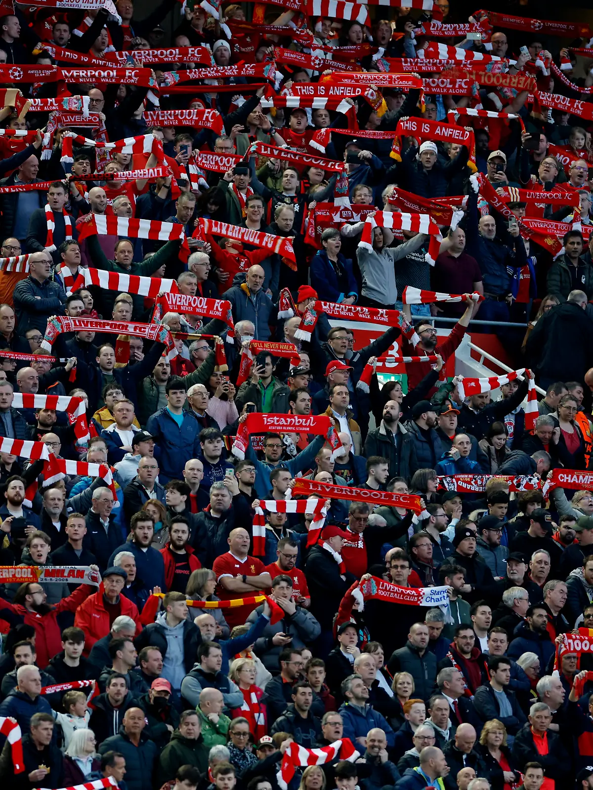 Soccer Football - Champions League - Quarter Final - Second Leg - Liverpool v Benfica - Anfield, Liverpool, Britain - April 13, 2022 Liverpool fans inside the stadium before the match Action Images via Reuters/Jason Cairnduff