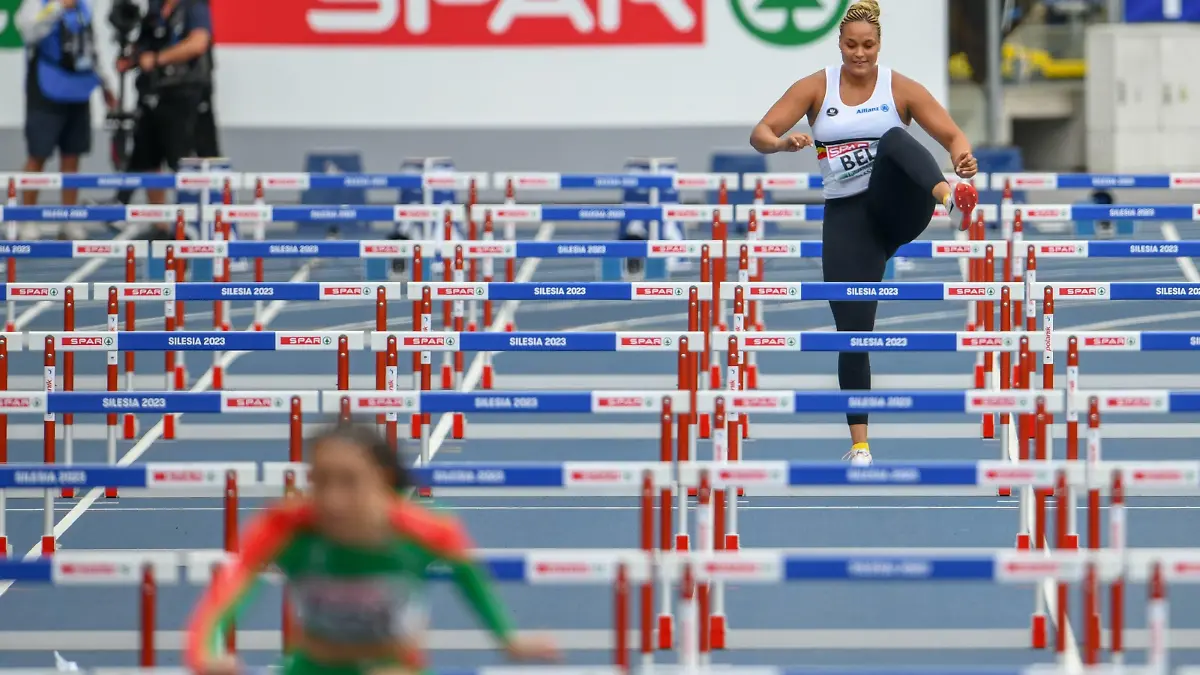 Jolien Boumkwo pictured in action in the 100 meter hurdles race at the European Athletics Team Championships, in Chorchow, Silesia, Poland, Saturday 24 June 2023. Team Belgium is competing in the first division from 23 to 25 June. ERIKxVANxLEEUWEN PUBLICATIONxNOTxINxBELxFRAxNED x69340562x