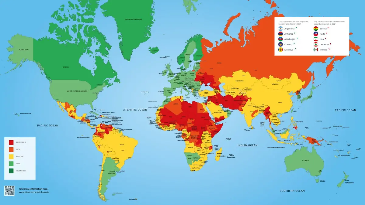 Die Risk Map 2025 zeigt, welche Länder und Regionen weltweit besonders gefährlich sind.
