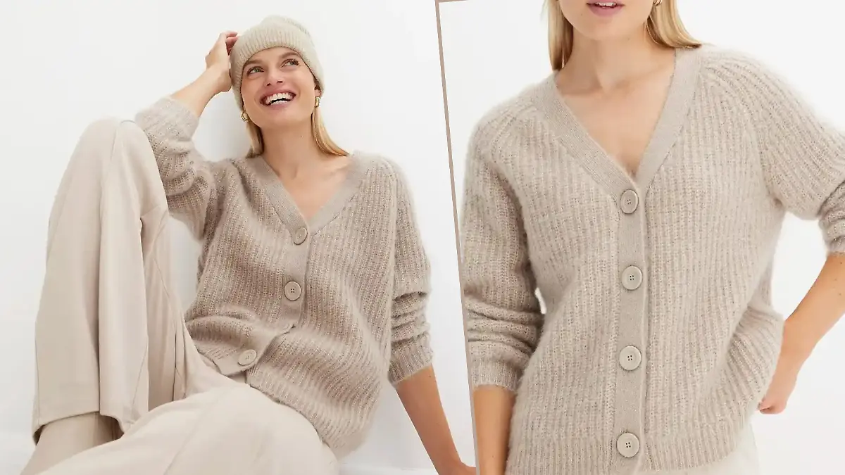 Frau mit beiger Strickjacke von Bonprix.