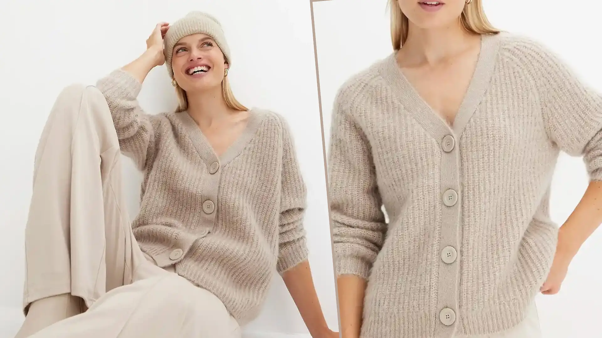 Frau mit beiger Strickjacke von Bonprix.