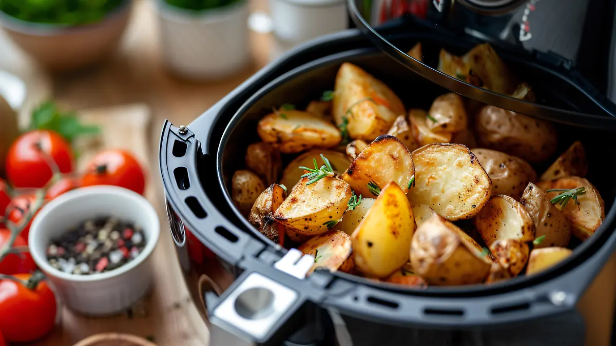 Airfryer halbgeöffnet mit gerösteten Kartoffelscheiben.