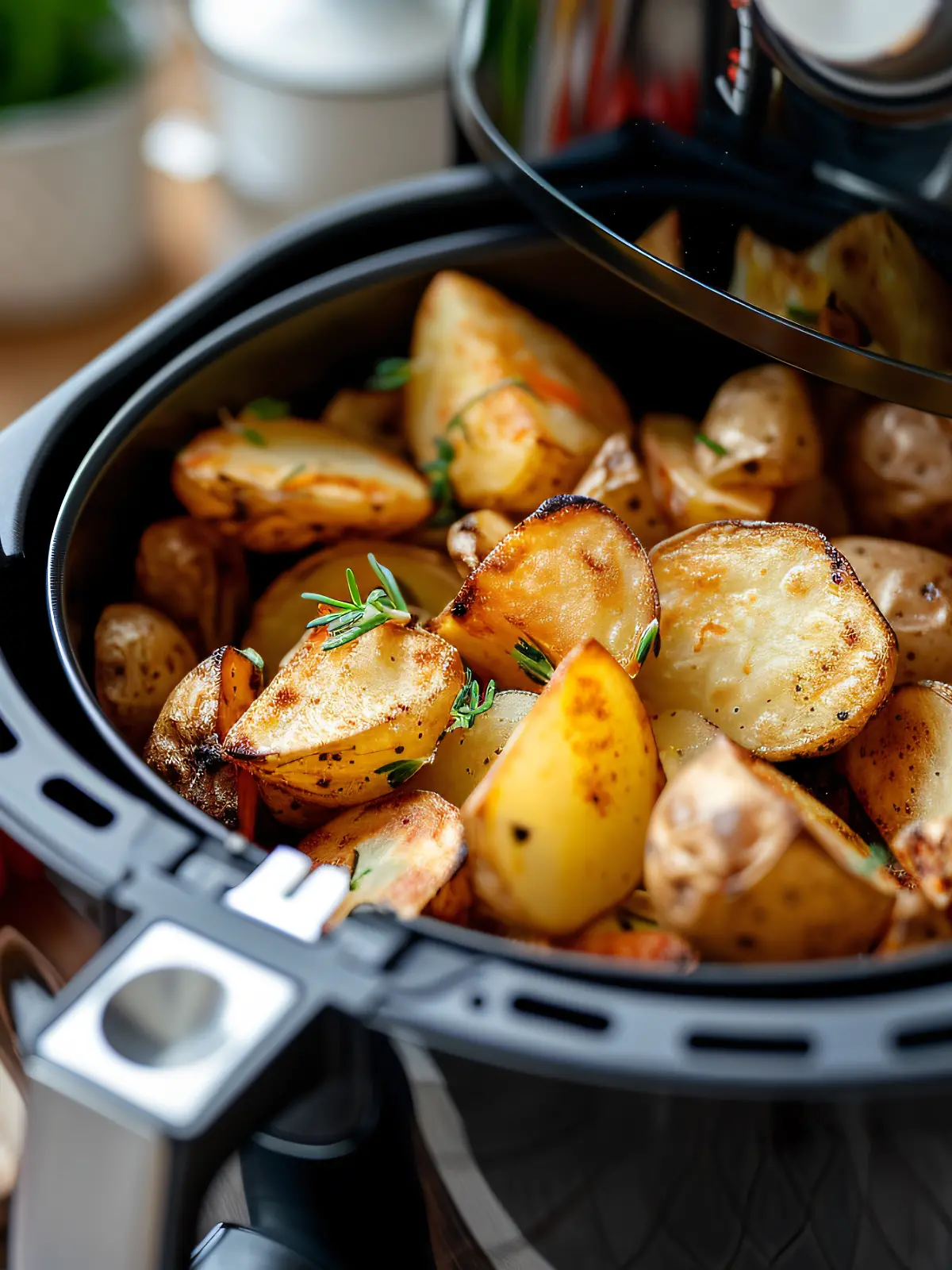 Airfryer halbgeöffnet mit gerösteten Kartoffelscheiben.