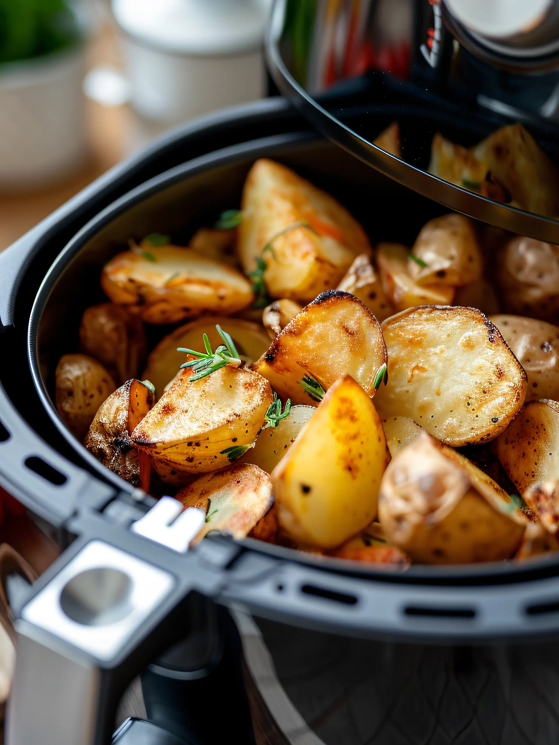 Airfryer halbgeöffnet mit gerösteten Kartoffelscheiben.
