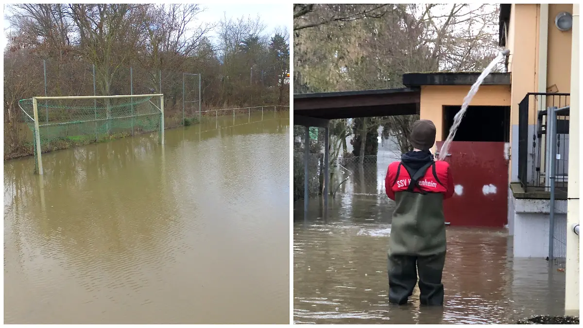 Fotokollage: Links der überschwemmte Platz, links ein Vereinsmitglied steht knietief im Wasser