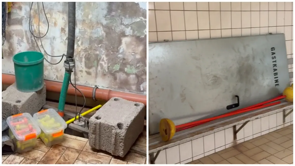 Fotokollage: Links die im Keller installierte Pumpe, rechts eine ausgehängte Tür auf einer Bank