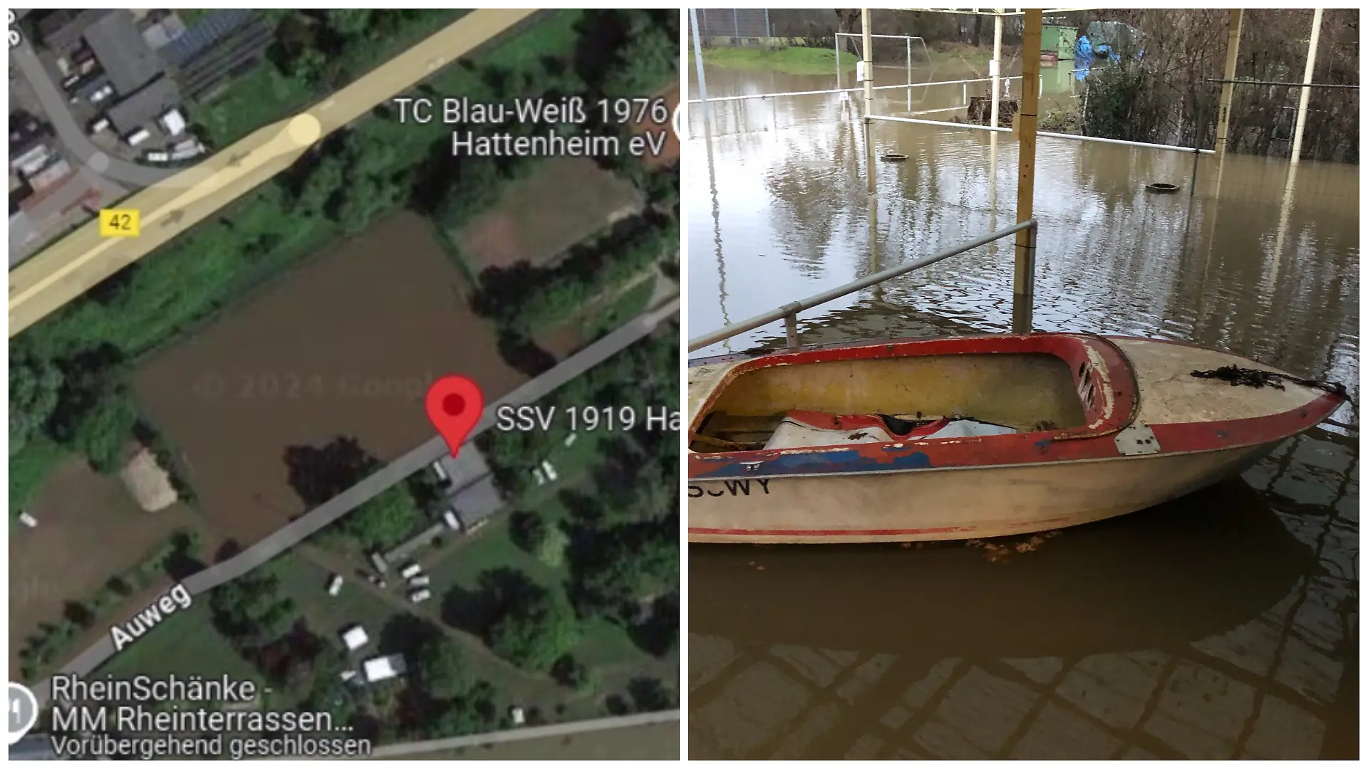 Fotokollage: Links das Google Maps-Foto von oben, links ein kleines Boot schwimmt auf dem überschwemmten Platz