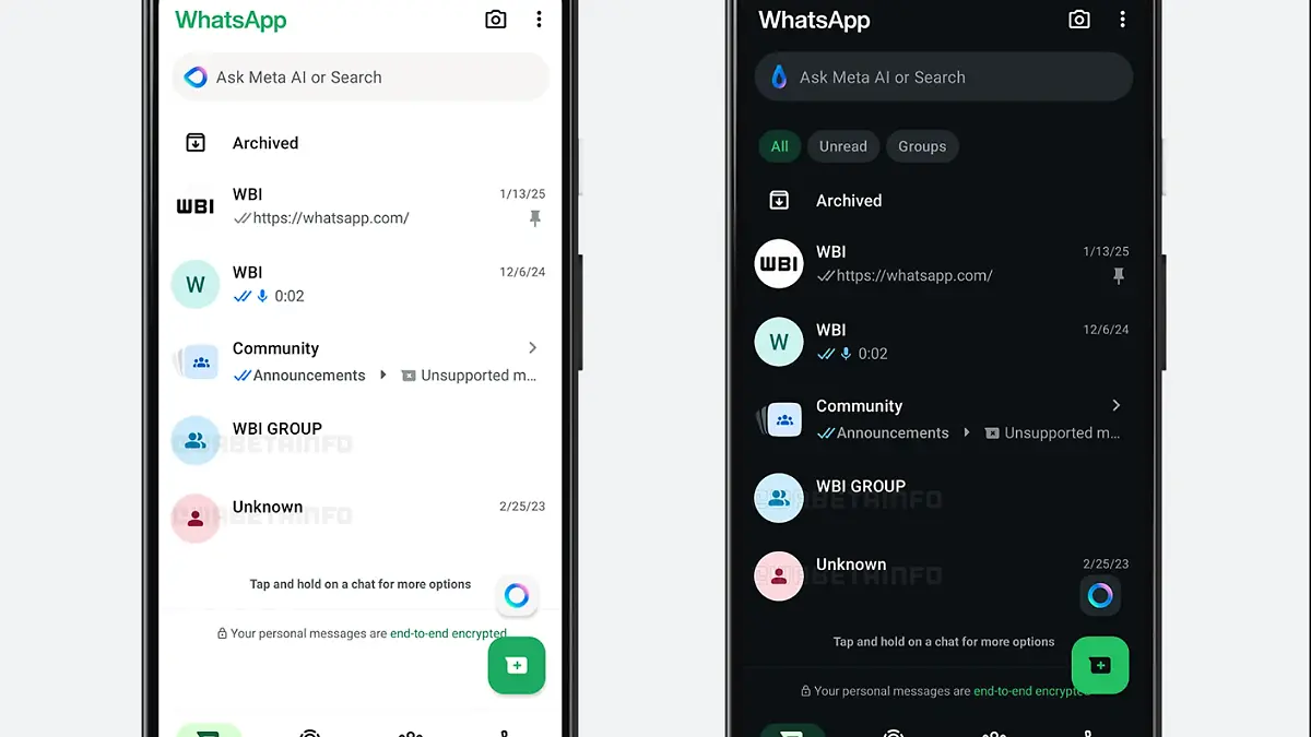 Ansicht des WhatsApp-Chats mit neuen farbigen Kontaktsymbolen.