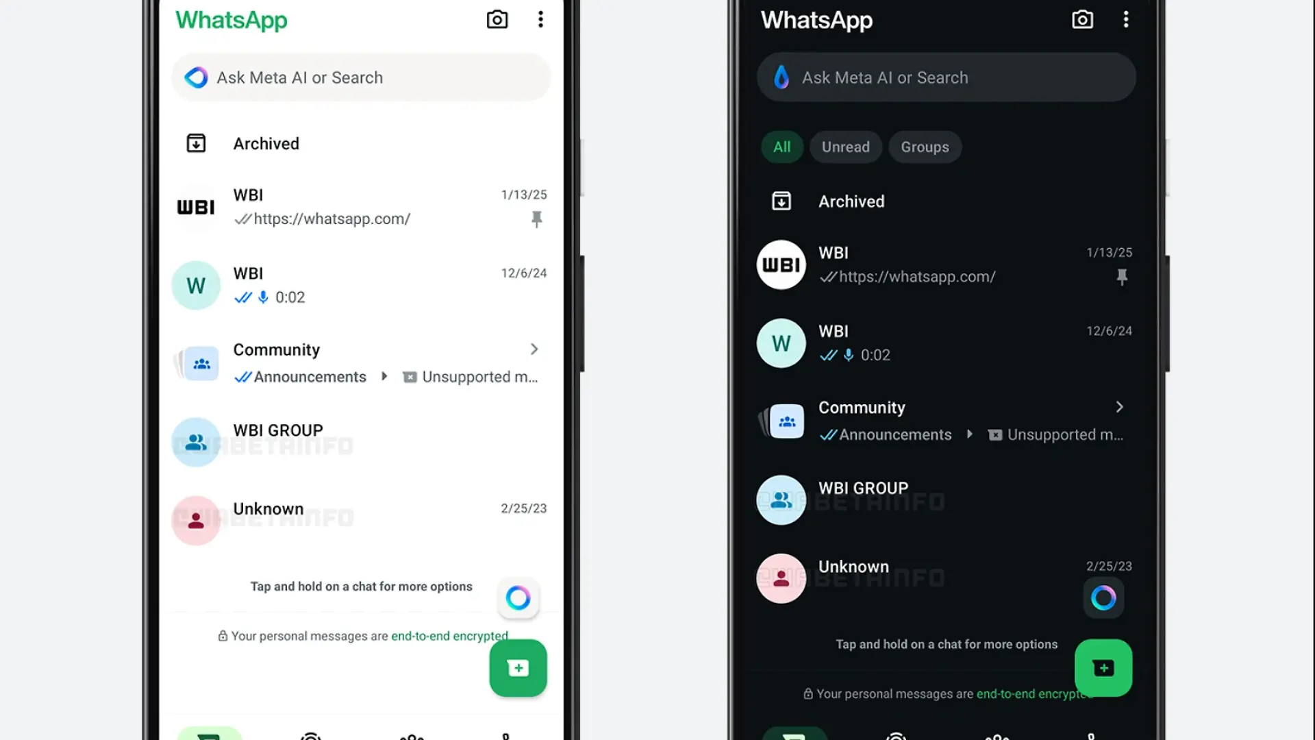 Ansicht des WhatsApp-Chats mit neuen farbigen Kontaktsymbolen.
