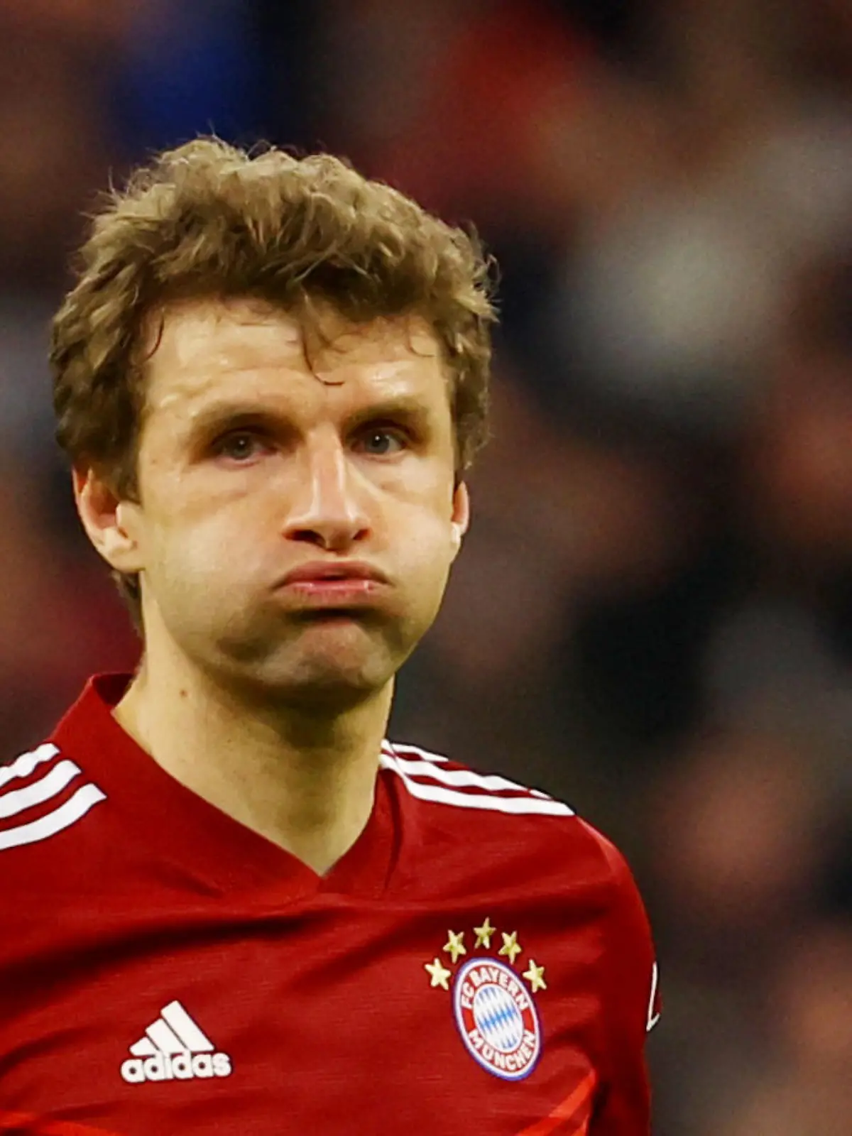 Soccer Football - Champions League - Quarter-Final - Second Leg - Bayern Munich v Villarreal - Allianz Arena, Munich, Germany - April 12, 2022  Bayern Munich's Thomas Muller reacts REUTERS/Kai Pfaffenbach