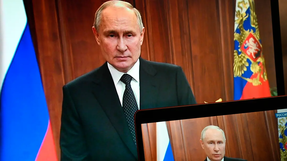 Russian President Vladimir Putin is seen on monitors as he addresses the nation after Yevgeny Prigozhin, the owner of the Wagner Group military company, called for armed rebellion and reached the southern city of Rostov-on-Don with his troops, in Moscow, Russia, Saturday, June 24, 2023. (Pavel Bednyakov, Sputnik, Kremlin Pool Photo via AP)