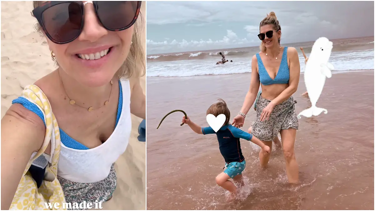 Kaum angekommen, plantschen Nina und ihre Kinder schon munter im Meer.