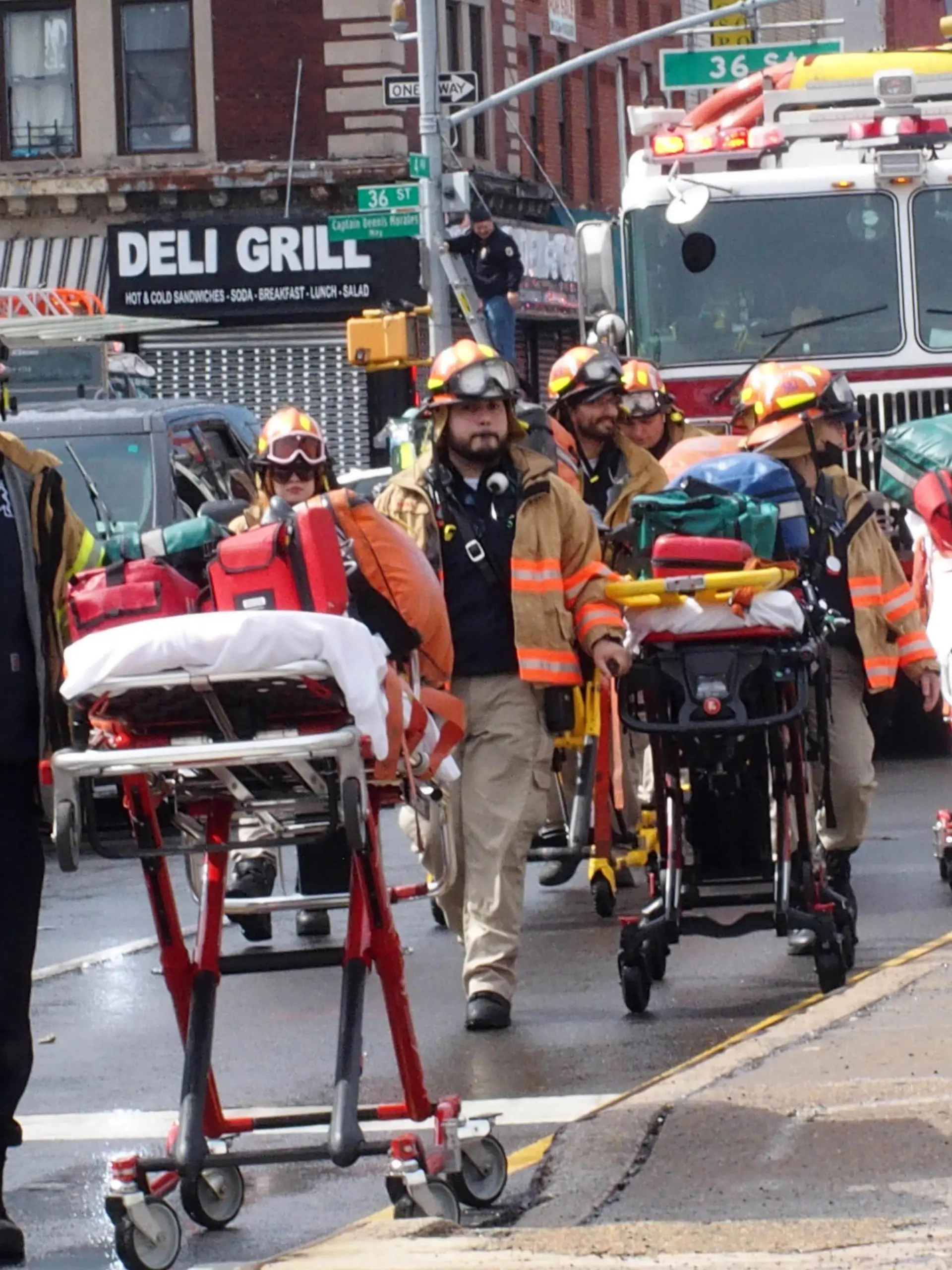  April 12, 2022, New York, New York, USA: April 12, 2022 New York, Mass shooting on New York City Train. A person dressed in a Neon Green Construction Workers Vest as the train pulled into the station he set off a smoke grenade then proceeded to shoot passengers.16 people injured, 10 shot and 5 in critical condition. New York USA - ZUMAct2_ 20220412_zaf_ct2_050 Copyright: xBrucexCotlerx