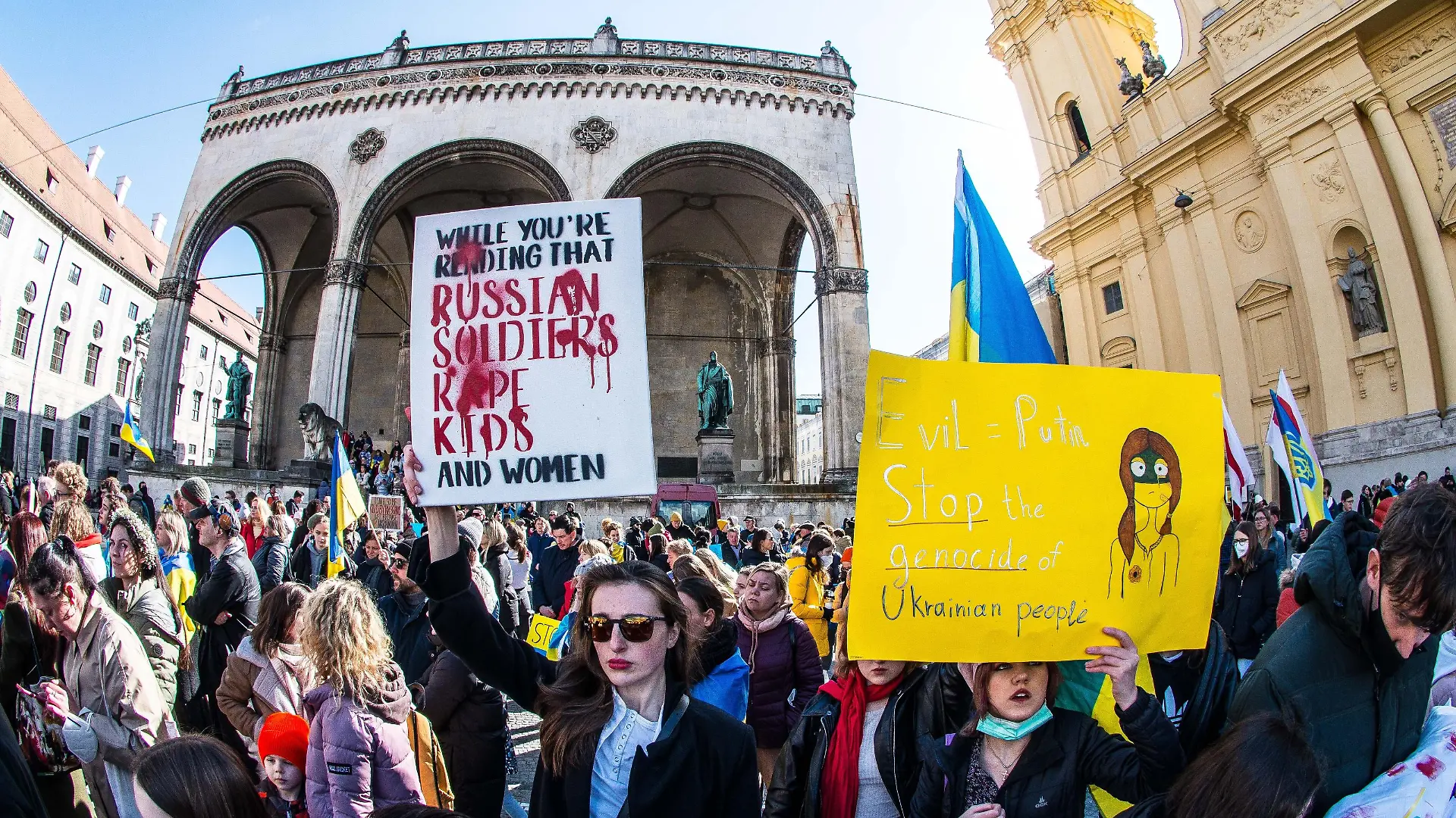 April 9, 2022, Munich, Bavaria, Germany: Demonstrators in Germany express outrage at sexual violence allegedly being used by Russian soldiers against not only adults, but against children. Having seen the latest chapter of atrocities commited by the Russian military in Bucha and the missile attack on the Kramatorsk train station, Ukrainians, Ukrainian refugees, Germans, and people from around the world stood together to demand a stop to Russia's military aggression and for Europe to fortify Ukraine's defensed. (Credit Image: © Sachelle Babbar/ZUMA Press Wire