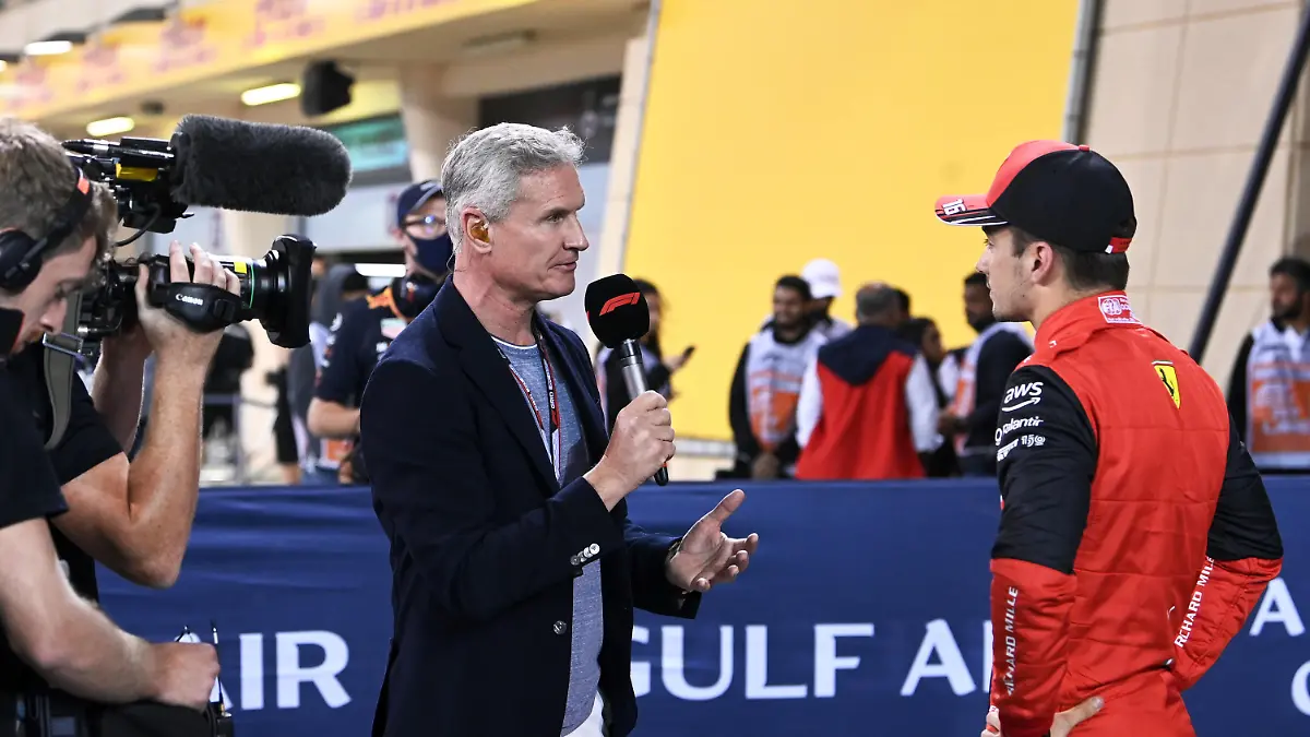 Formula 1 2022: Bahrain GP BAHRAIN INTERNATIONAL CIRCUIT, BAHRAIN - MARCH 19: Pole man Charles Leclerc, Ferrari, is interviewed by David Coulthard, TV Presenter, after Qualifying during the Bahrain GP at Bahrain International Circuit on Saturday March 19, 2022 in Sakhir, Bahrain. Photo by Mark Sutton / Sutton Images Images PUBLICATIONxINxGERxSUIxAUTxHUNxONLY GP2201_160459MS1_8512 