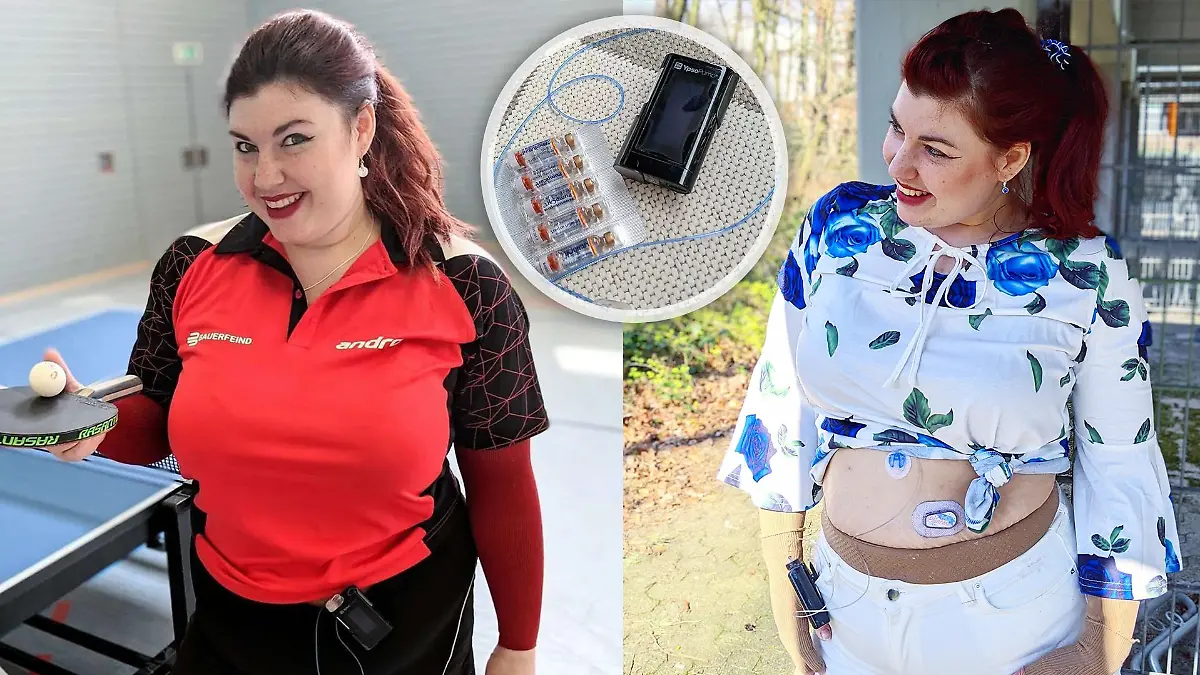 Kathi Schanz mit ihrer Diabetesausstattung und beim Tischtennis