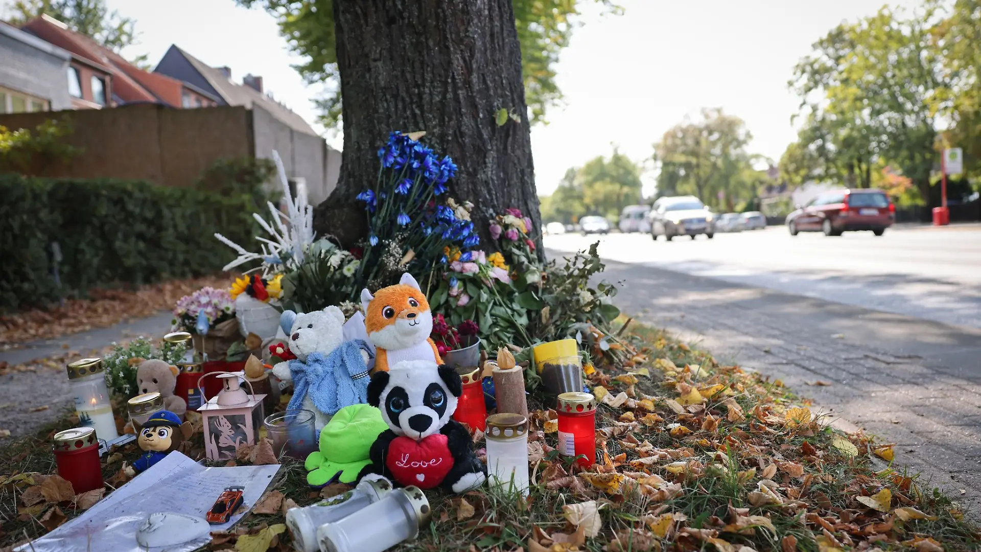 Blumen, Stofftiere und Briefe liegen an einem Baum nahe einer Unfallstelle in Hamburg-Billstedt. Nach dem Unfall am 26.08.2024 war ein Zweijähriger gestorben 