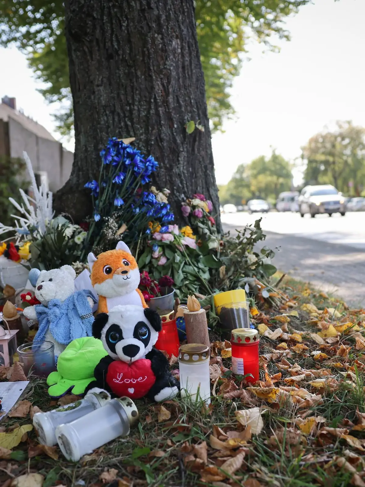 Blumen, Stofftiere und Briefe liegen an einem Baum nahe einer Unfallstelle in Hamburg-Billstedt. Nach dem Unfall am 26.08.2024 war ein Zweijähriger gestorben 