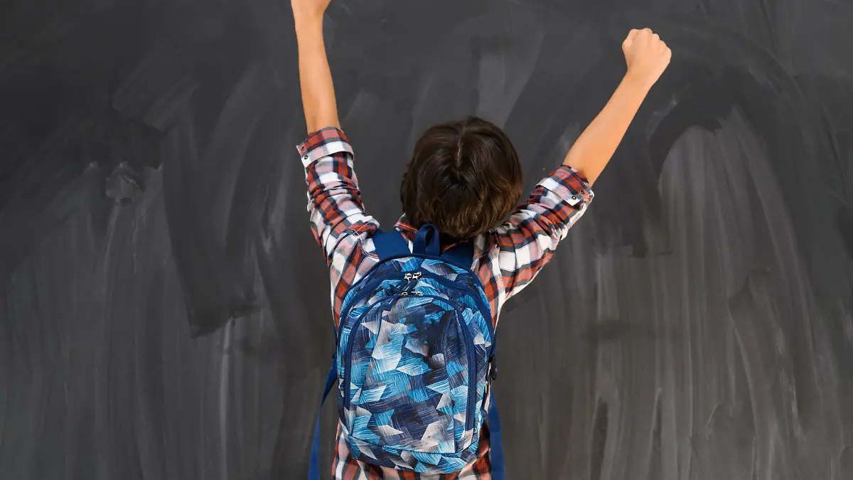 Junge mit dunklen Haaren und Schulrucksack steht vor einer Tafel mit dem Rücken zum Betrachter und reißt die Arme hoch.